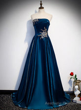 Blue Satin Strapless Beading Appliques Prom Dress